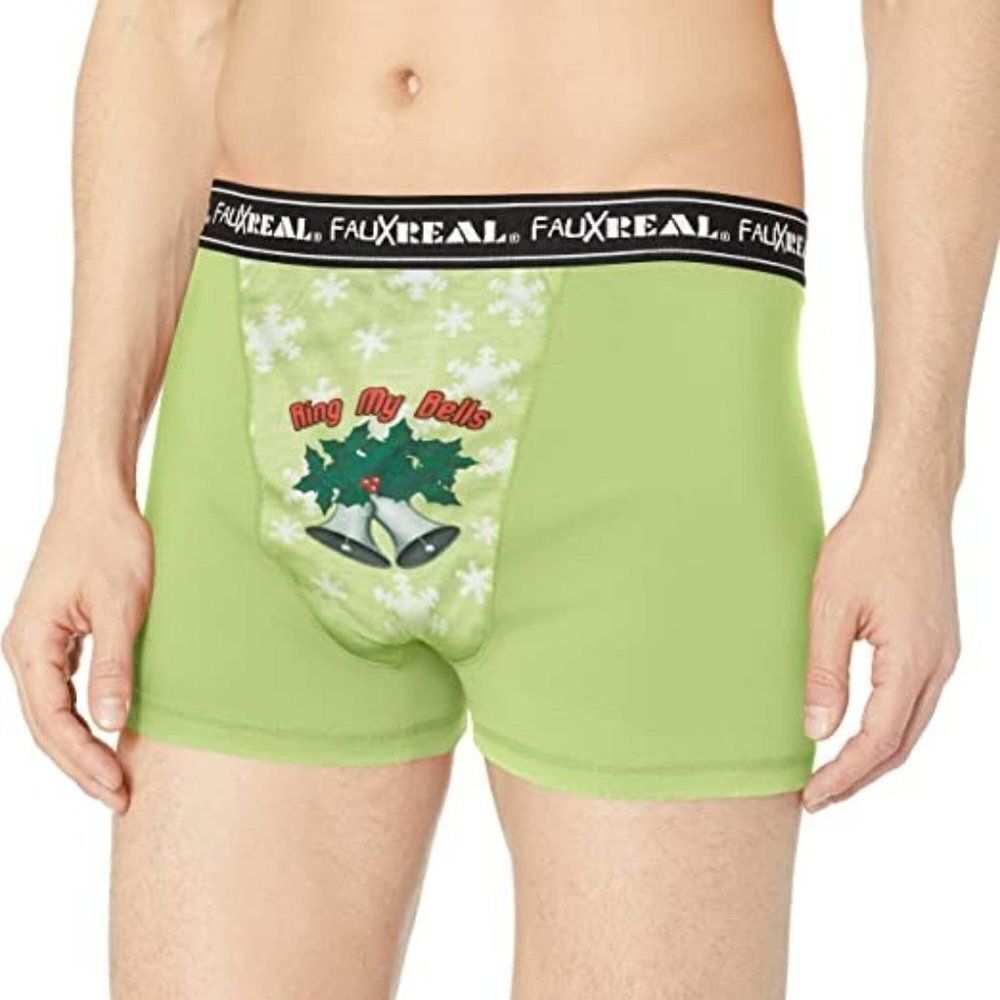 Faux Real Mens Lime Mistletoe Rings My Bells Boxer Brief Underwear Large 1 Pack